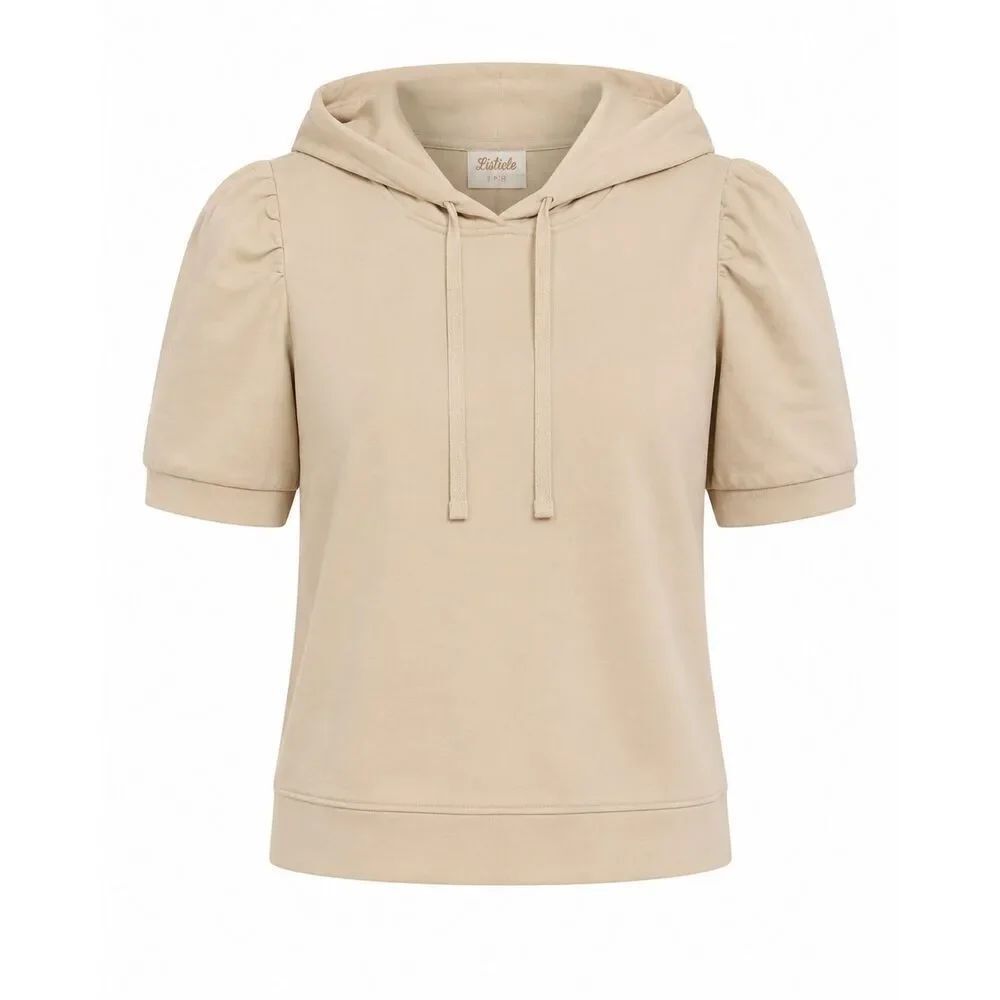 Listicle Short Sleeve Hoodie Womens Size M Puff Sleeve Drawstring Hood Beige